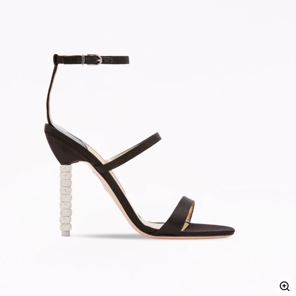 SOPHIA WEBSTER - “ROSALIND” BLACK SATIN HEELS WITH CRYSTAL HEEL - SIZE 5.5